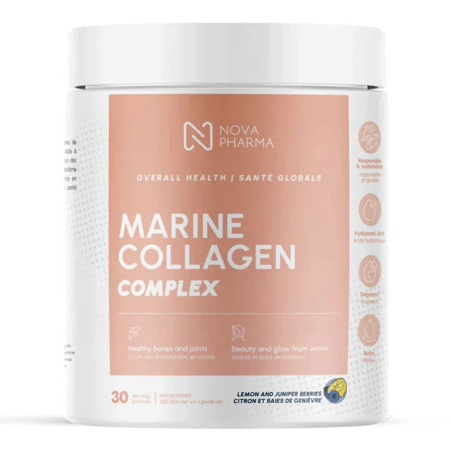 Complexe de collagène marin et acide hyaluronique, Vitamine C et Biotine - Citron et Baies de Genièvre - Nova Pharma -